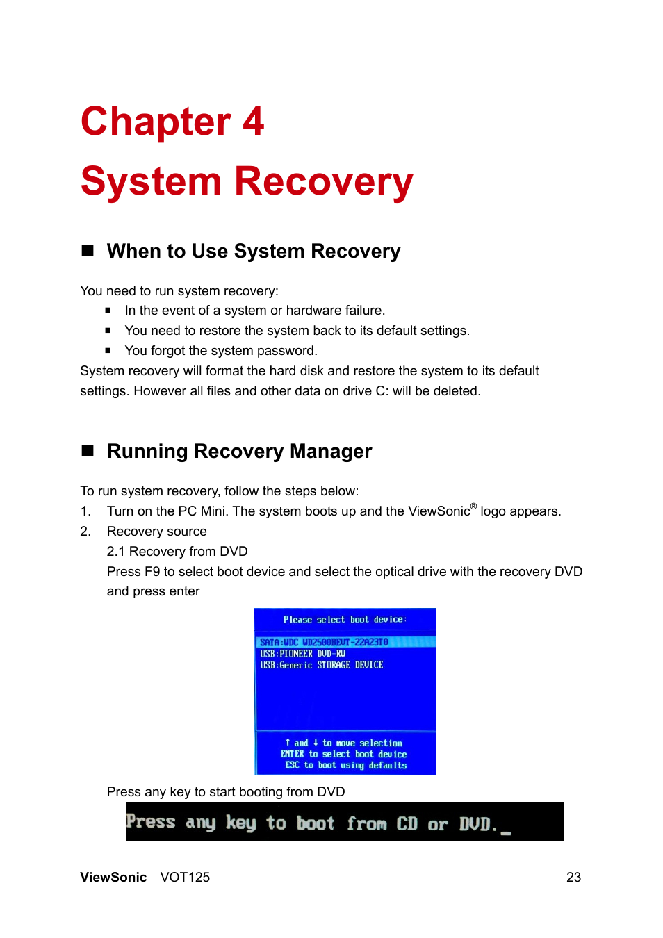 Chapter 4 system recovery, When to use system recovery, Running recovery manager | VIEWSONIC VS13172 User Manual | Page 31 / 39