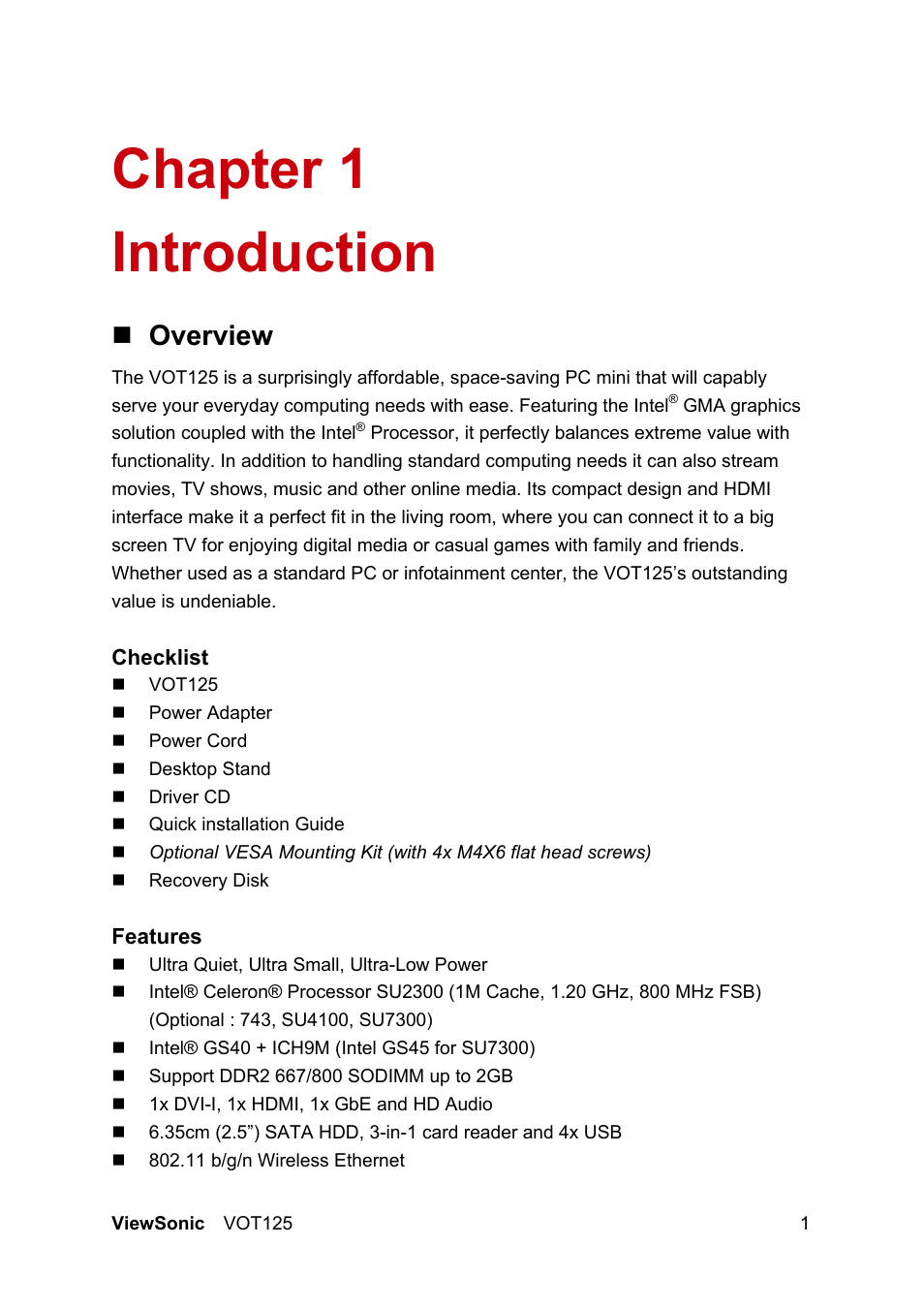 Chapter 1, Introduction, Overview | VIEWSONIC VS13172 User Manual | Page 9 / 39
