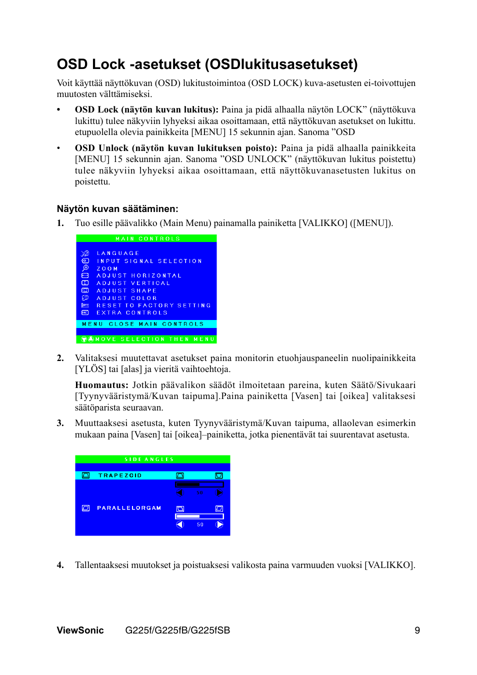 Osd lock -asetukset (osdlukitusasetukset) | VIEWSONIC G225F User Manual | Page 12 / 20