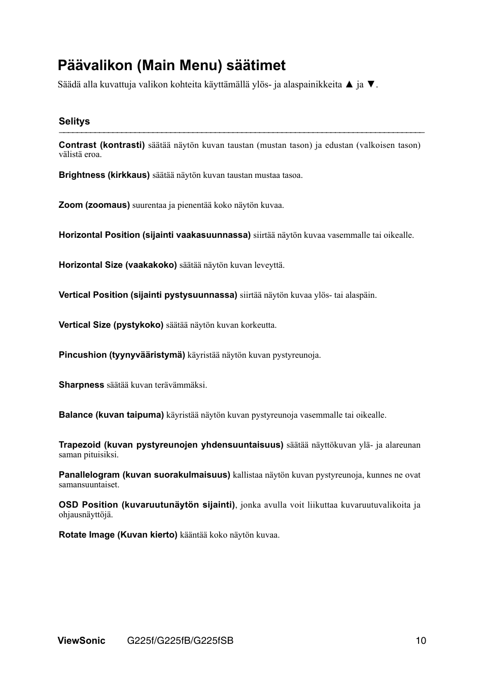 Päävalikon (main menu) säätimet | VIEWSONIC G225F User Manual | Page 13 / 20