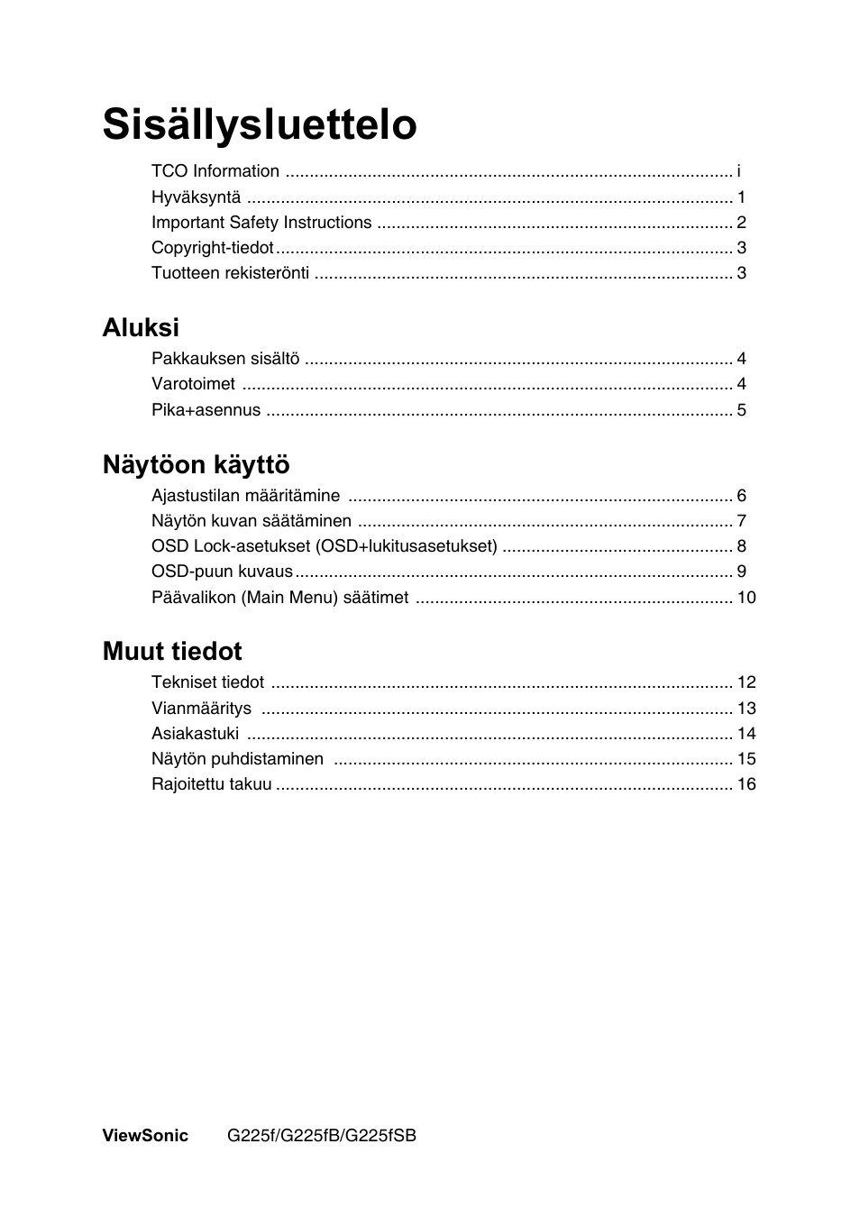 Sisällysluettelo | VIEWSONIC G225F User Manual | Page 2 / 20