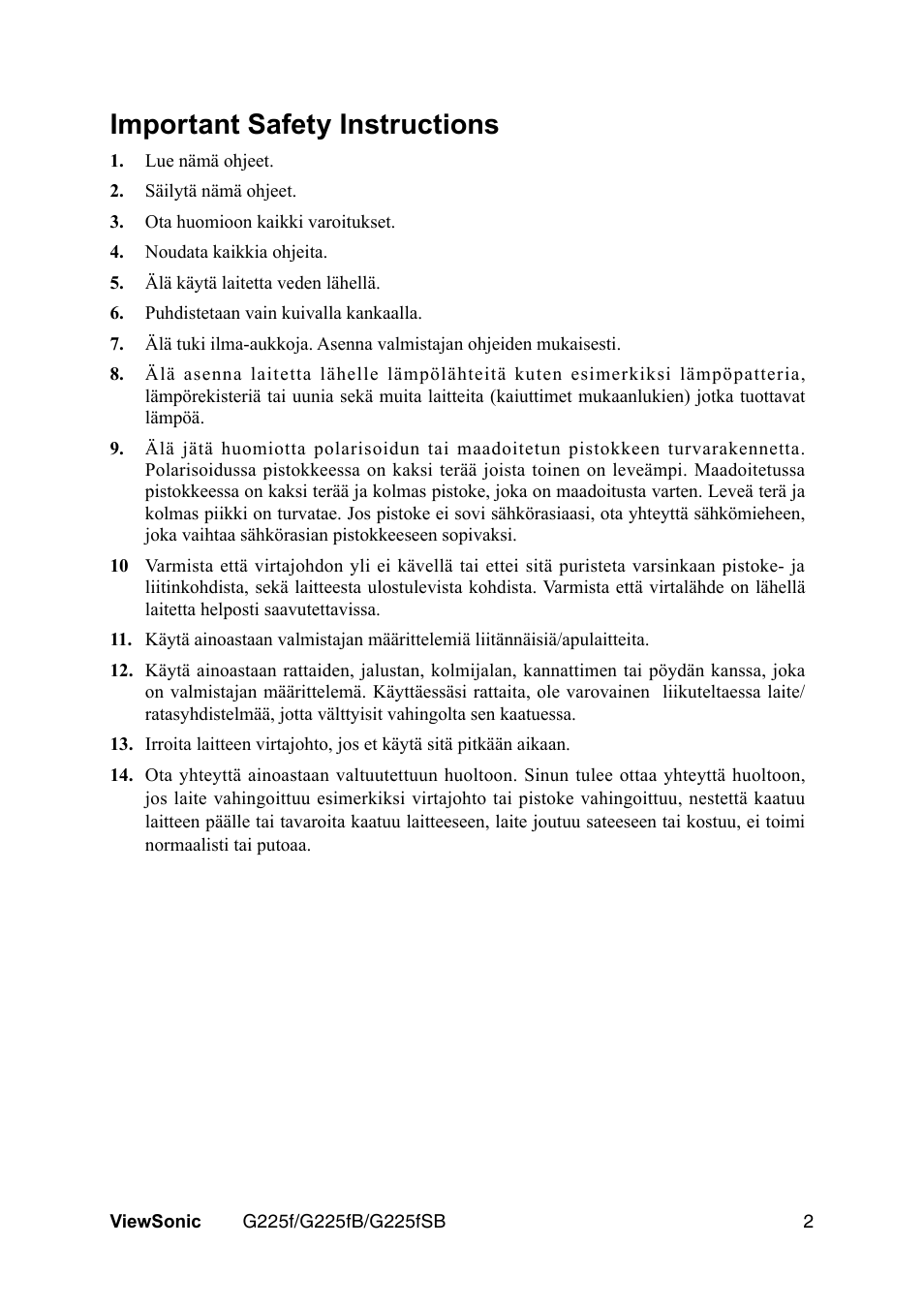 Important safety instructions | VIEWSONIC G225F User Manual | Page 5 / 20