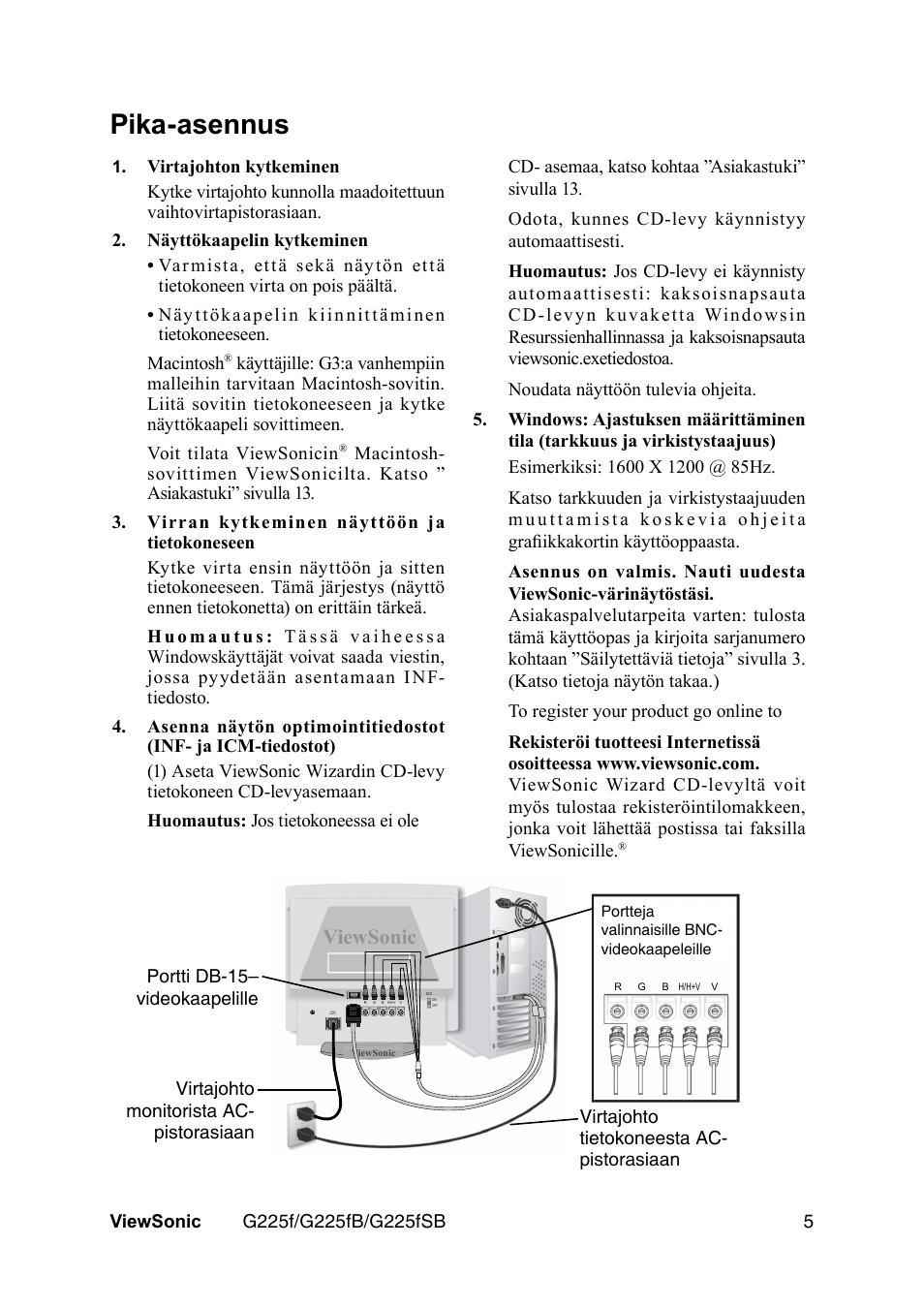 Pika-asennus | VIEWSONIC G225F User Manual | Page 8 / 20