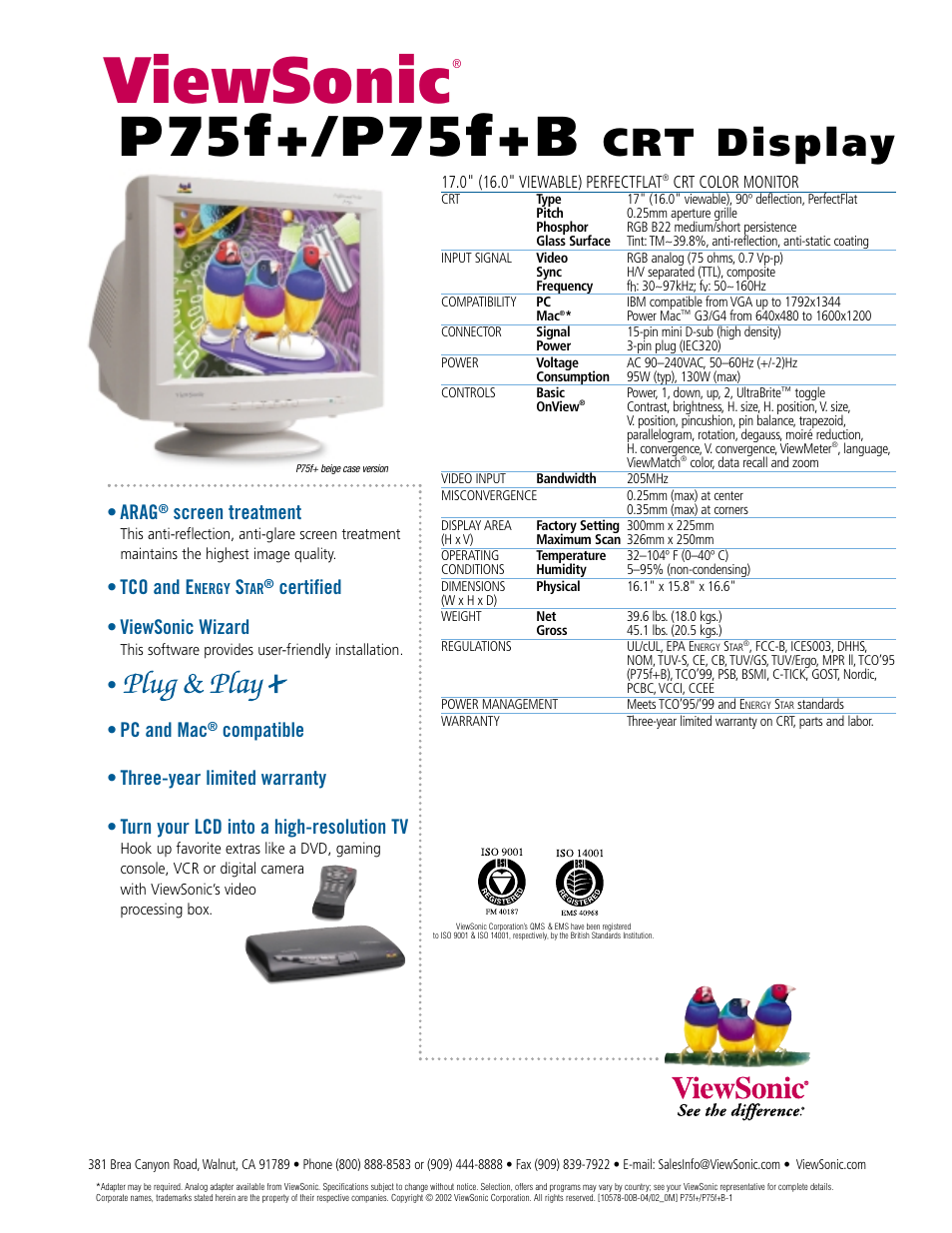 Viewsonic, P75f+/p75f+b, Crt display | Arag, Screen treatment, Tco and e, Certified • viewsonic wizard, Pc and mac | VIEWSONIC P75F+ User Manual | Page 2 / 2