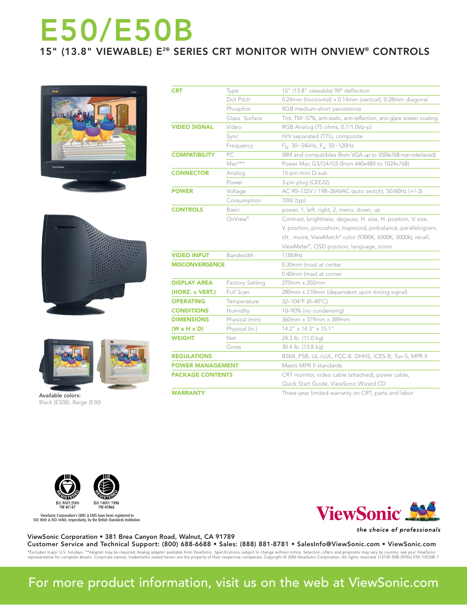 E50/e50b, Series crt monitor with onview, Controls | VIEWSONIC E50B User Manual | Page 2 / 2