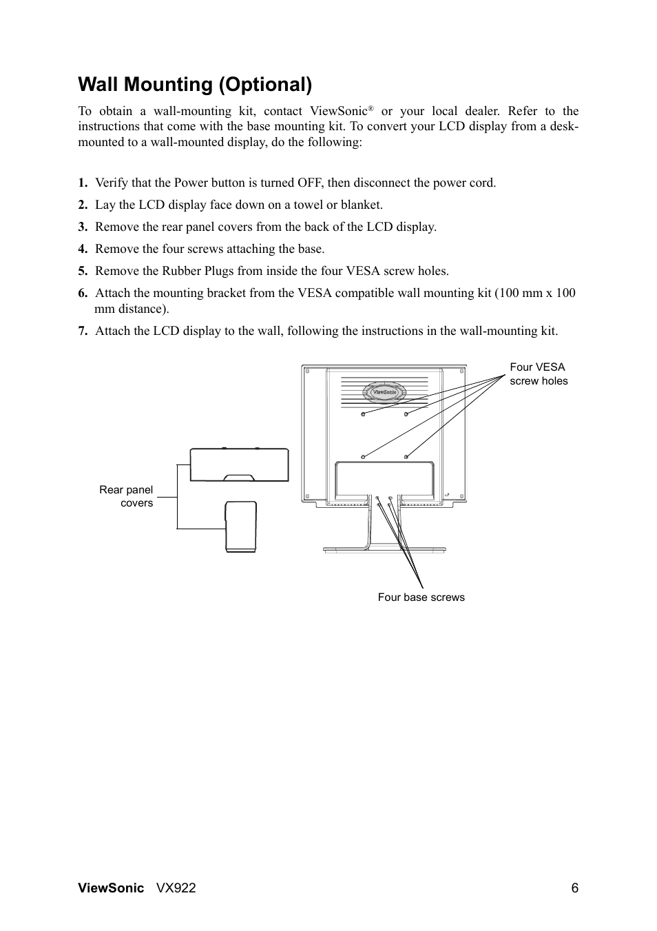 Wall mounting (optional) | VIEWSONIC LCD DISPLAY VX922 User Manual | Page 10 / 23