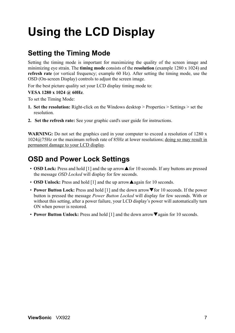 Using the lcd display, Setting the timing mode, Osd and power lock settings | VIEWSONIC LCD DISPLAY VX922 User Manual | Page 11 / 23