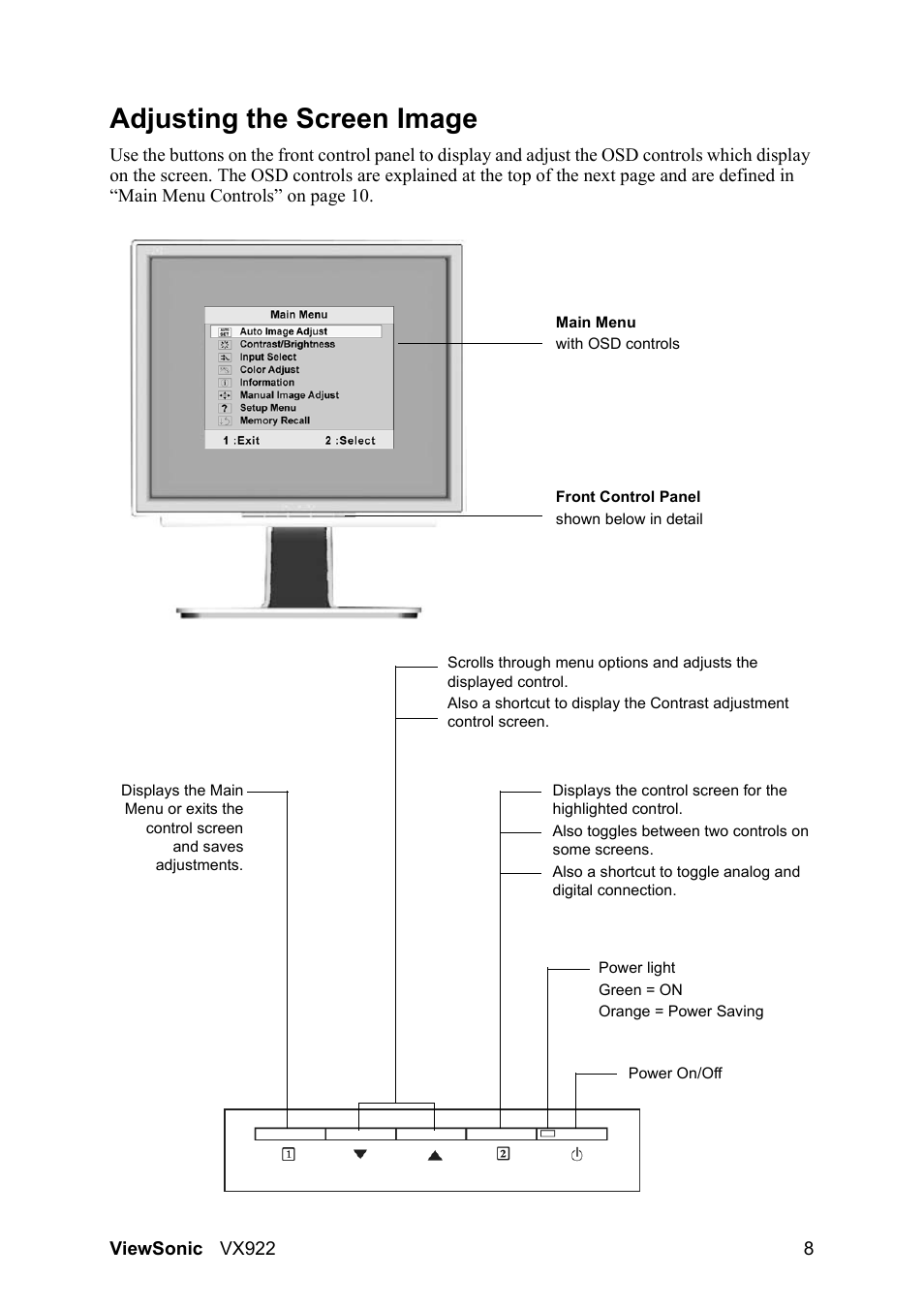 Adjusting the screen image | VIEWSONIC LCD DISPLAY VX922 User Manual | Page 12 / 23
