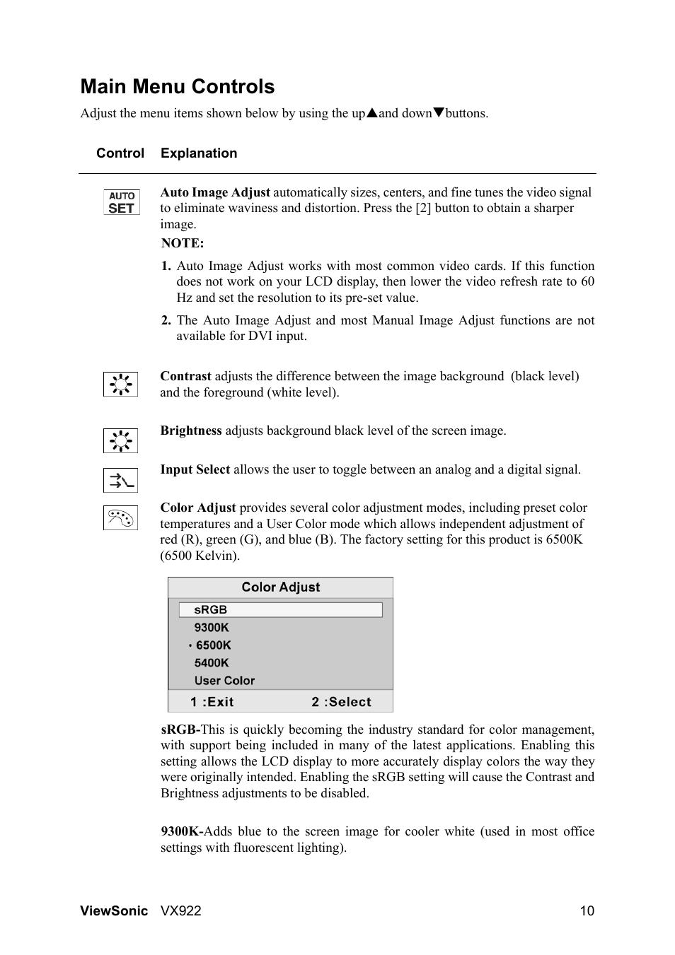 Main menu controls | VIEWSONIC LCD DISPLAY VX922 User Manual | Page 14 / 23