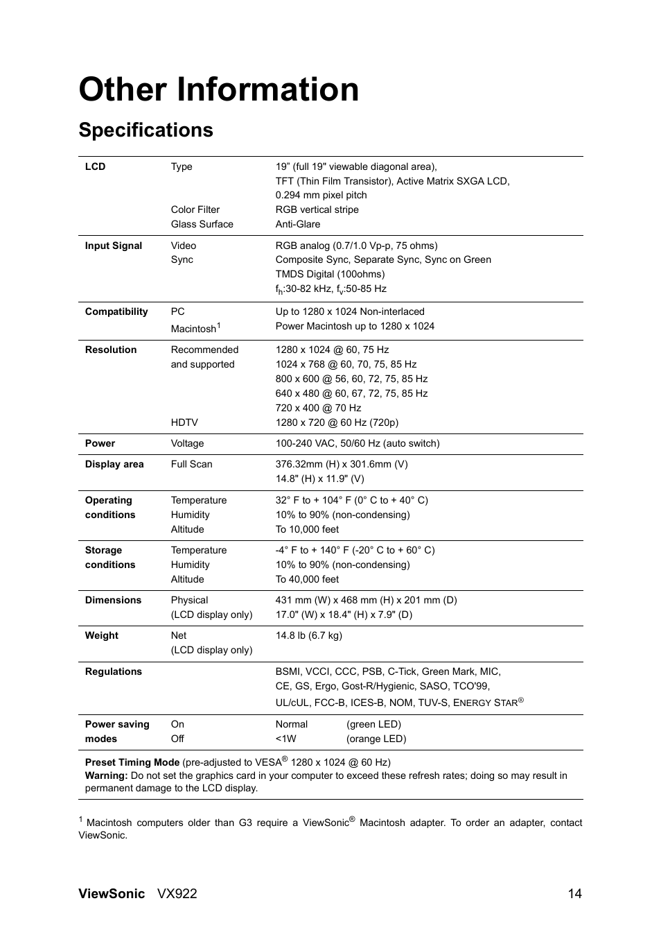 Other information, Specifications | VIEWSONIC LCD DISPLAY VX922 User Manual | Page 18 / 23