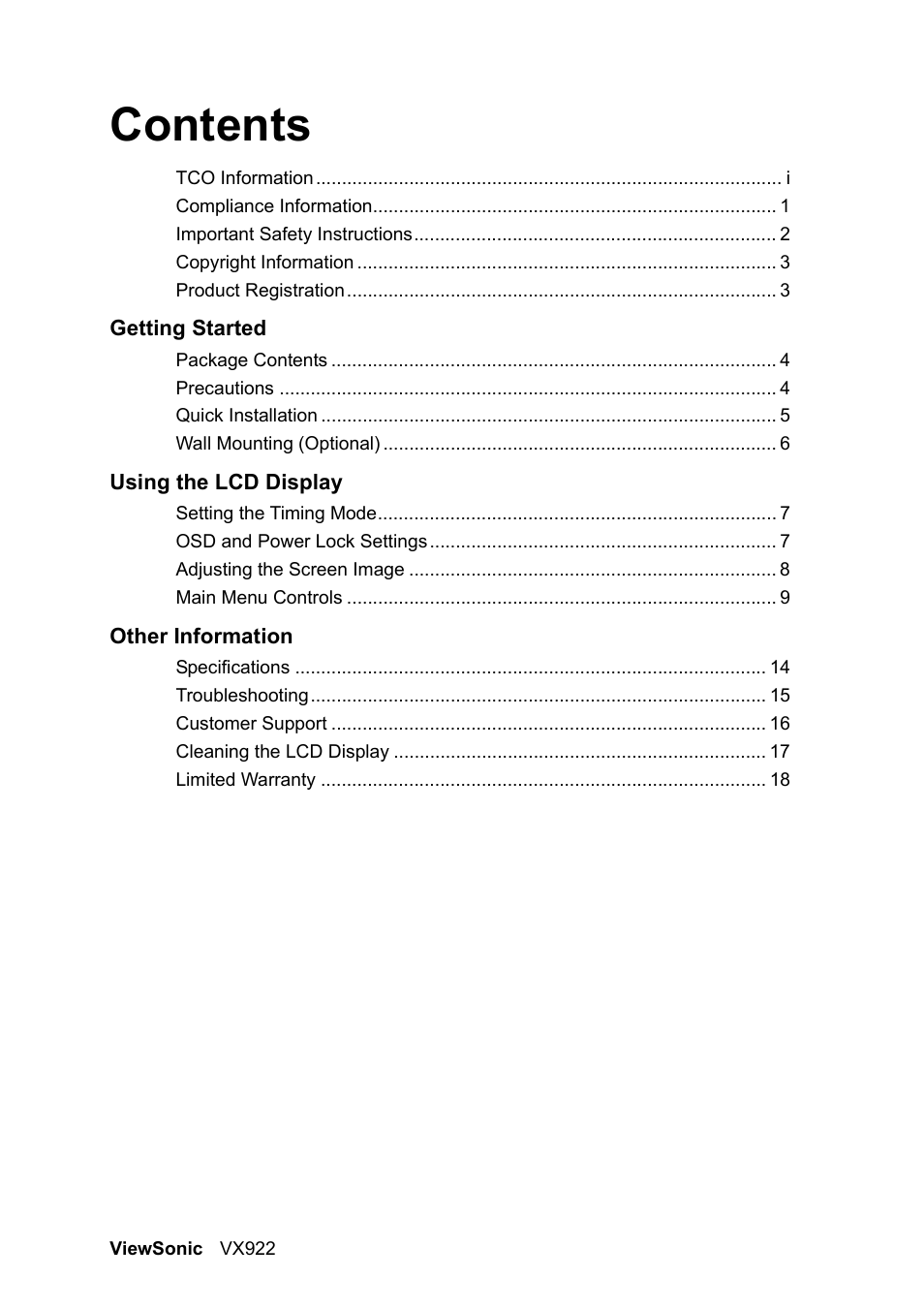 VIEWSONIC LCD DISPLAY VX922 User Manual | Page 2 / 23