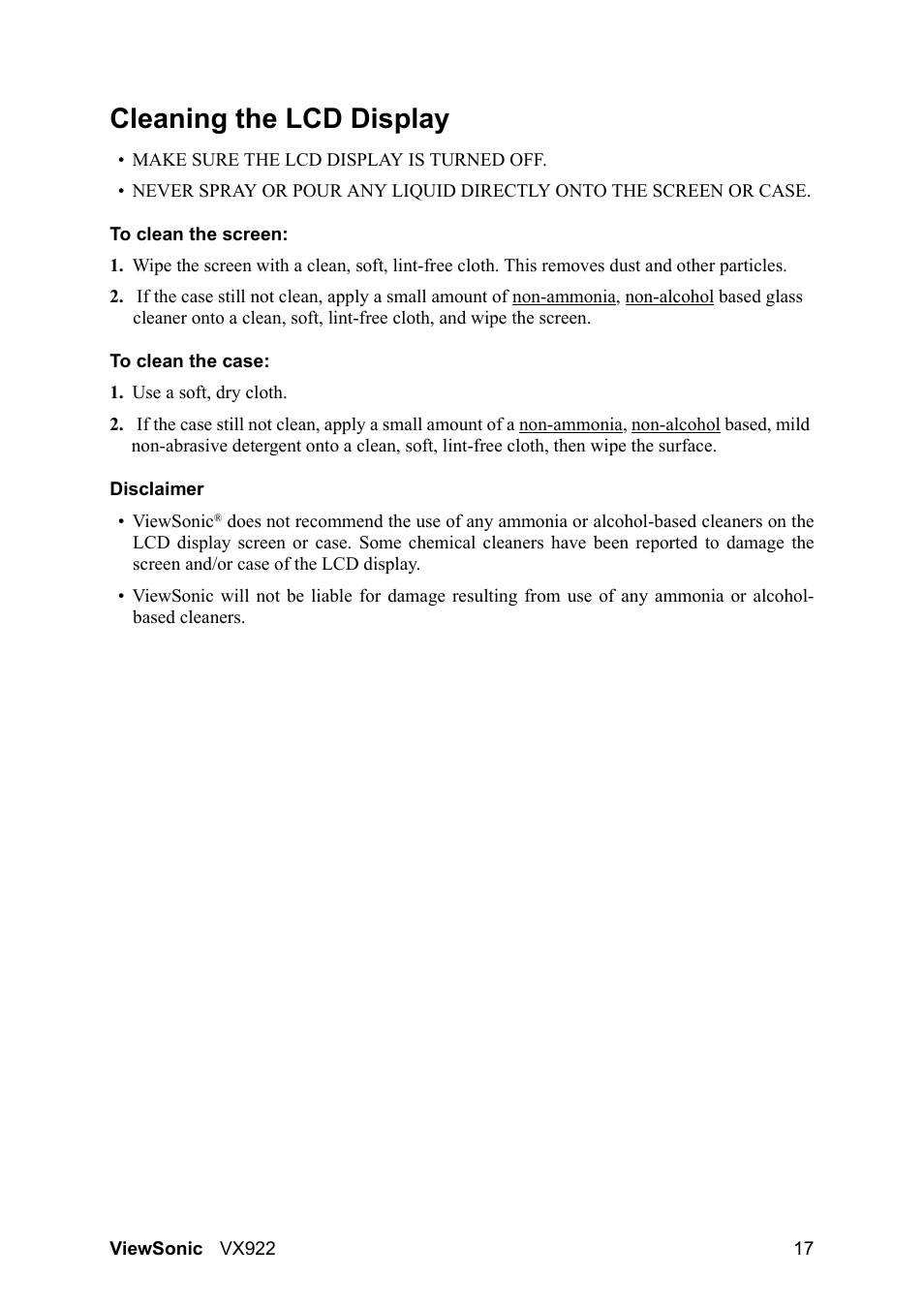 Cleaning the lcd display | VIEWSONIC LCD DISPLAY VX922 User Manual | Page 21 / 23