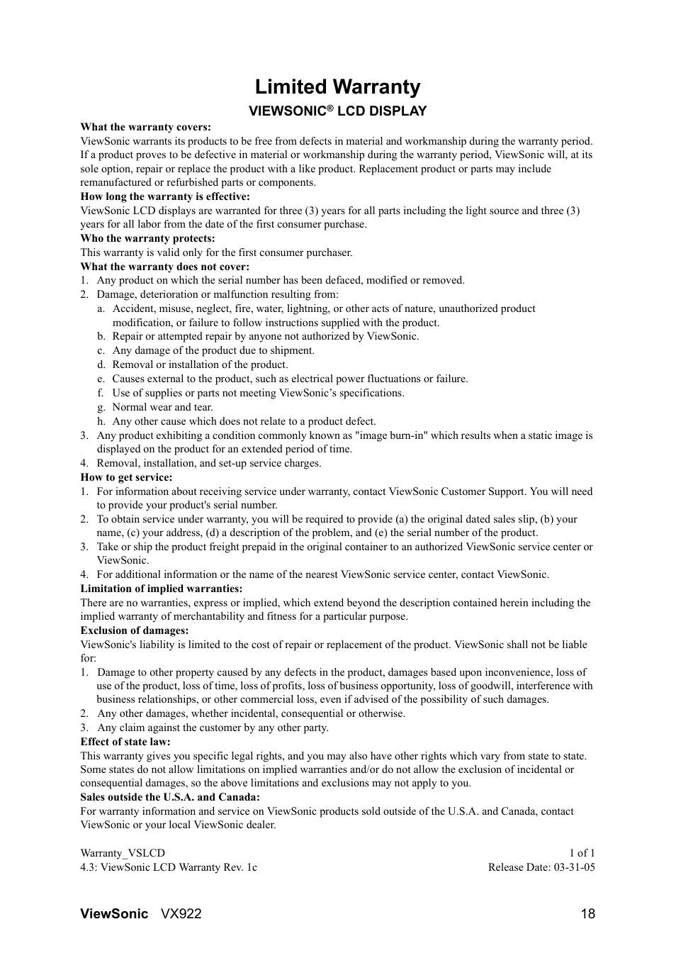 Limited warranty | VIEWSONIC LCD DISPLAY VX922 User Manual | Page 22 / 23