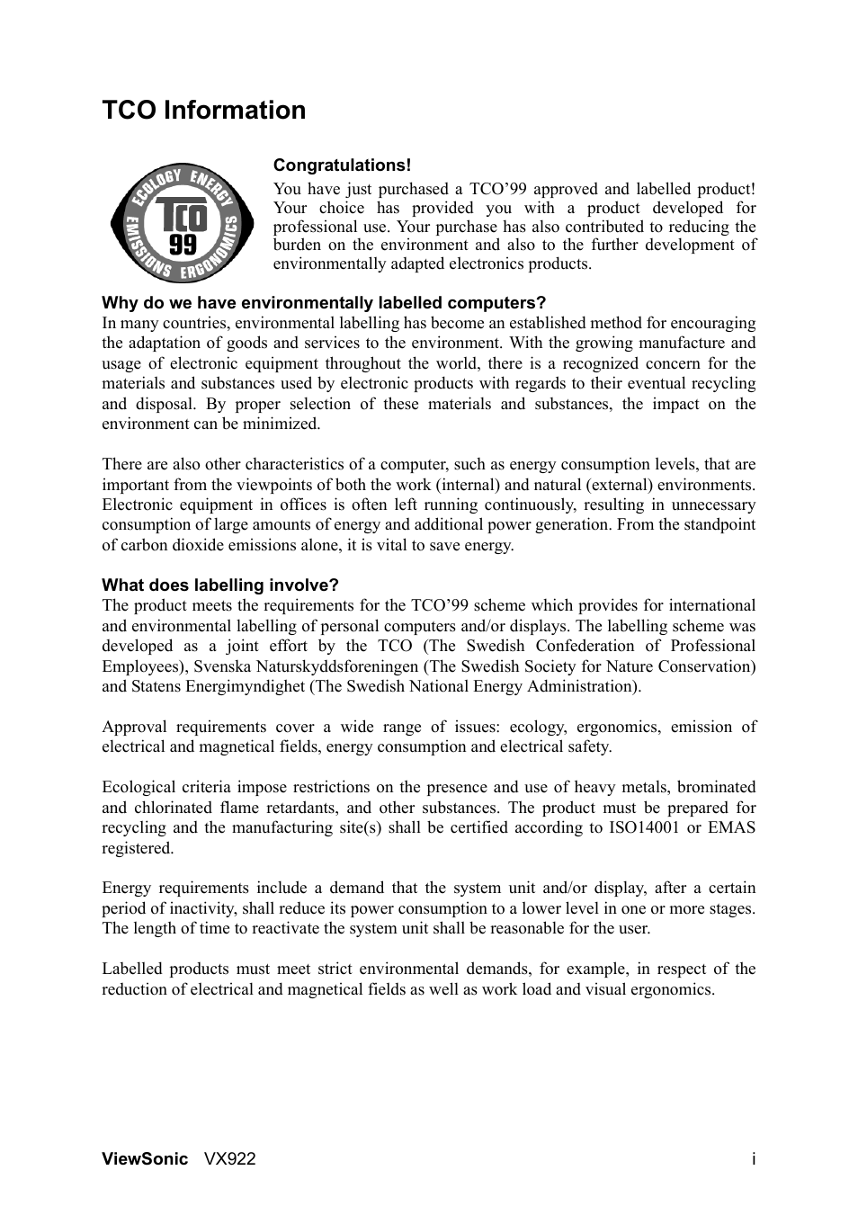 Tco information | VIEWSONIC LCD DISPLAY VX922 User Manual | Page 3 / 23
