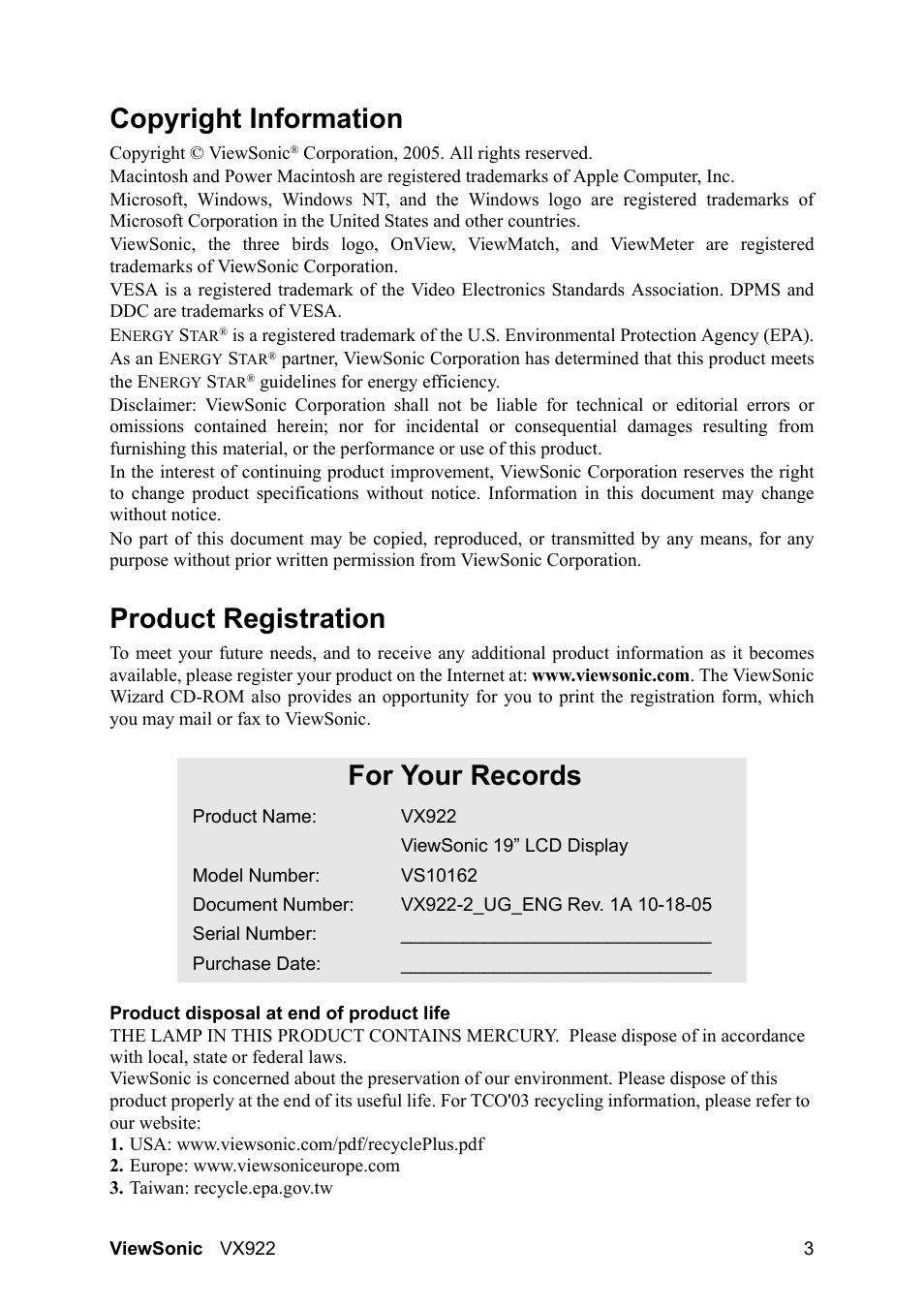 Copyright information, Product registration, For your records | VIEWSONIC LCD DISPLAY VX922 User Manual | Page 7 / 23