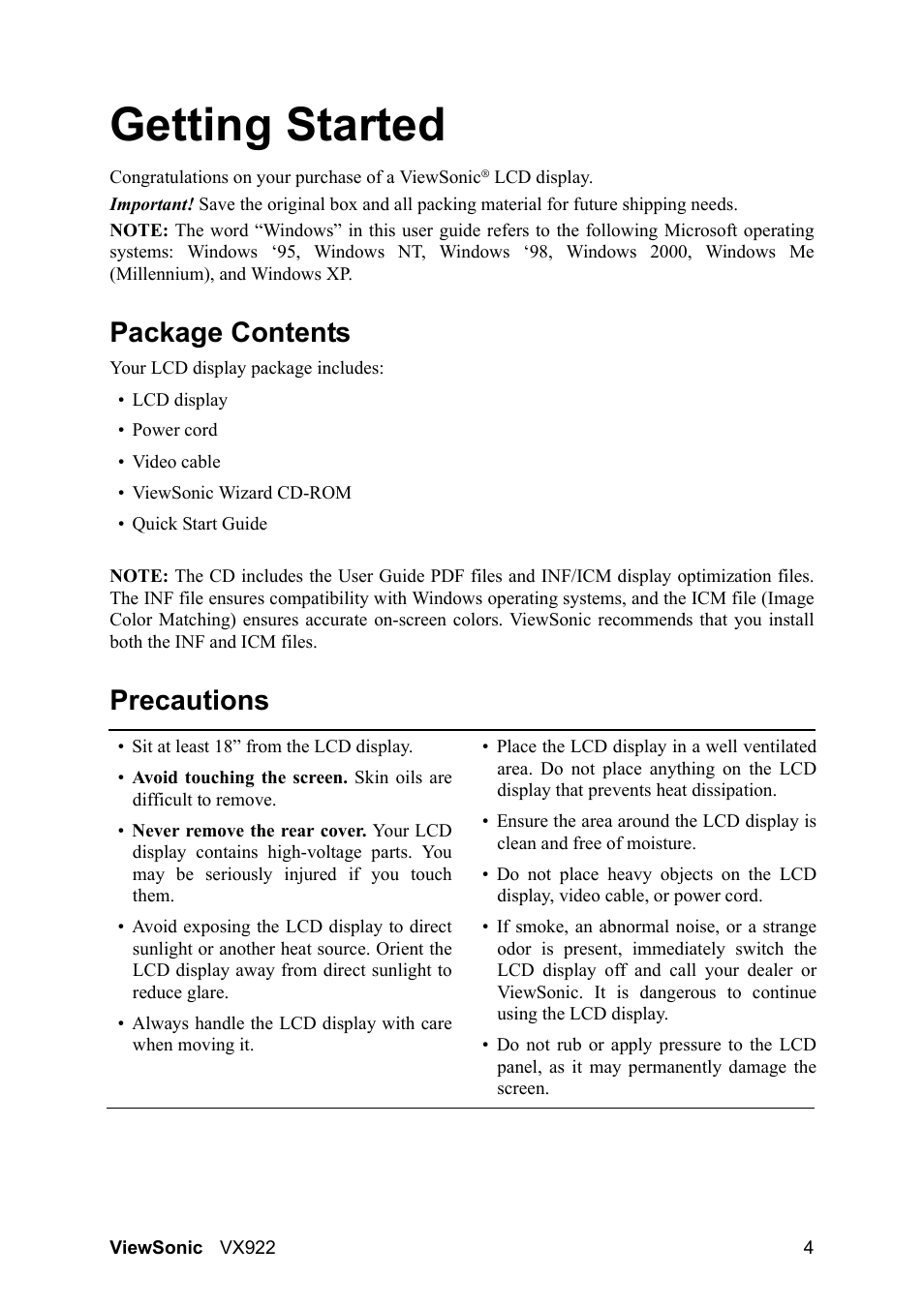 Getting started, Package contents, Precautions | VIEWSONIC LCD DISPLAY VX922 User Manual | Page 8 / 23
