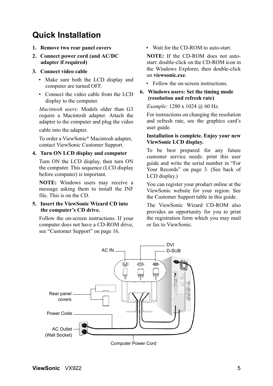 Quick installation | VIEWSONIC LCD DISPLAY VX922 User Manual | Page 9 / 23
