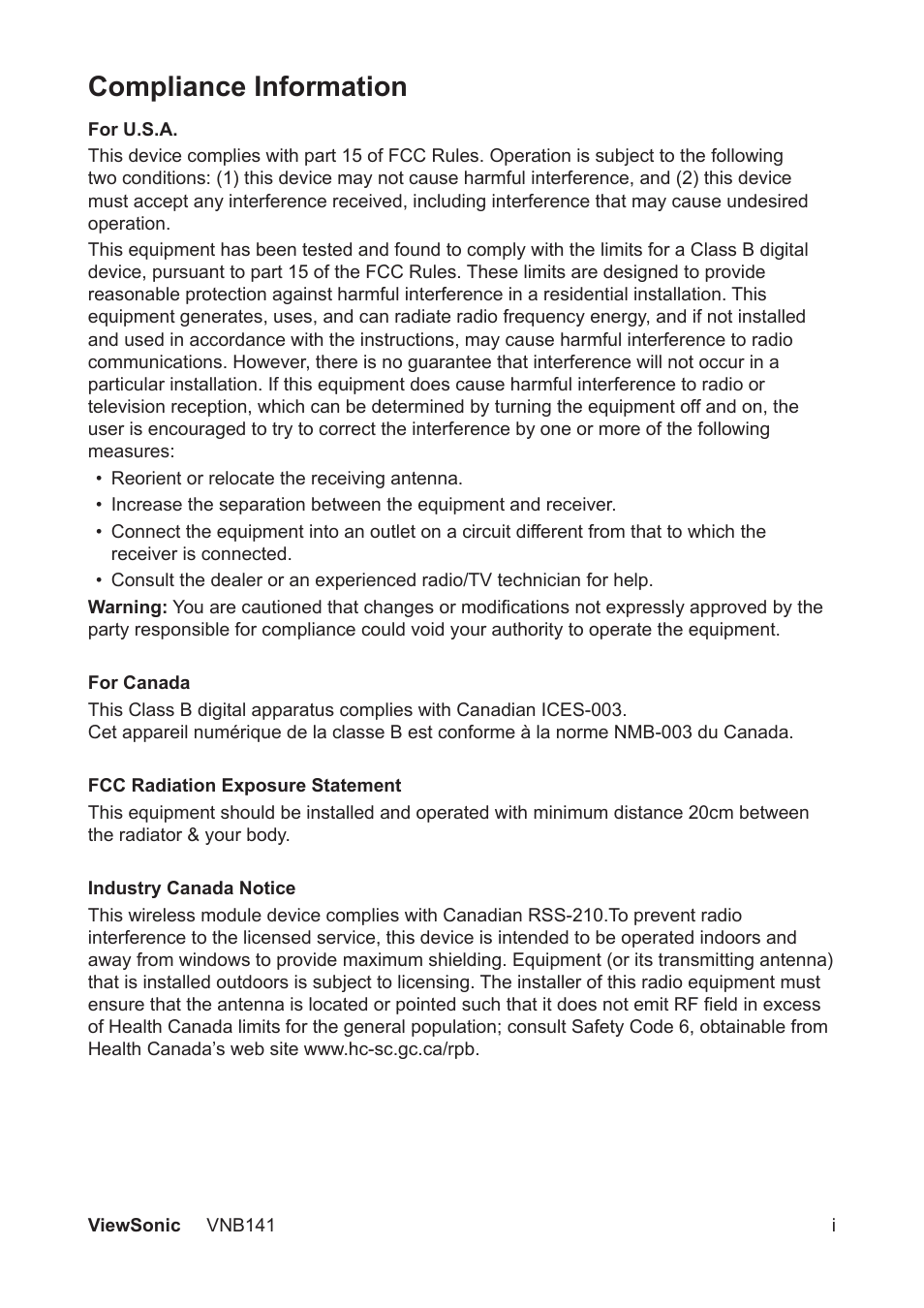 Compliance information | VIEWSONIC VNB141 VS13235 User Manual | Page 2 / 41