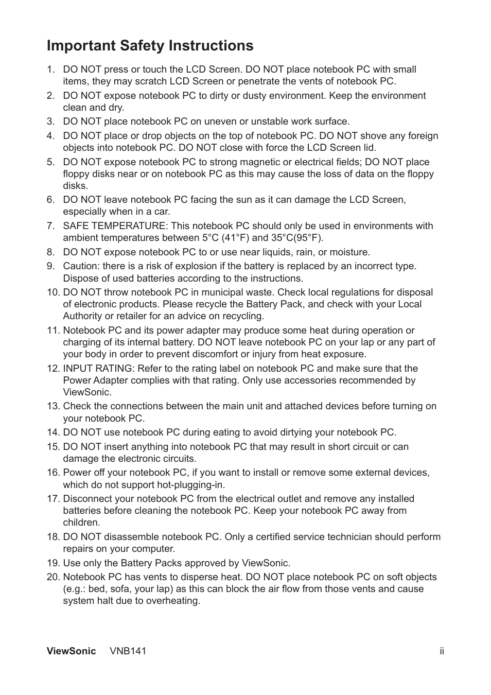 Important safety instructions | VIEWSONIC VNB141 VS13235 User Manual | Page 3 / 41