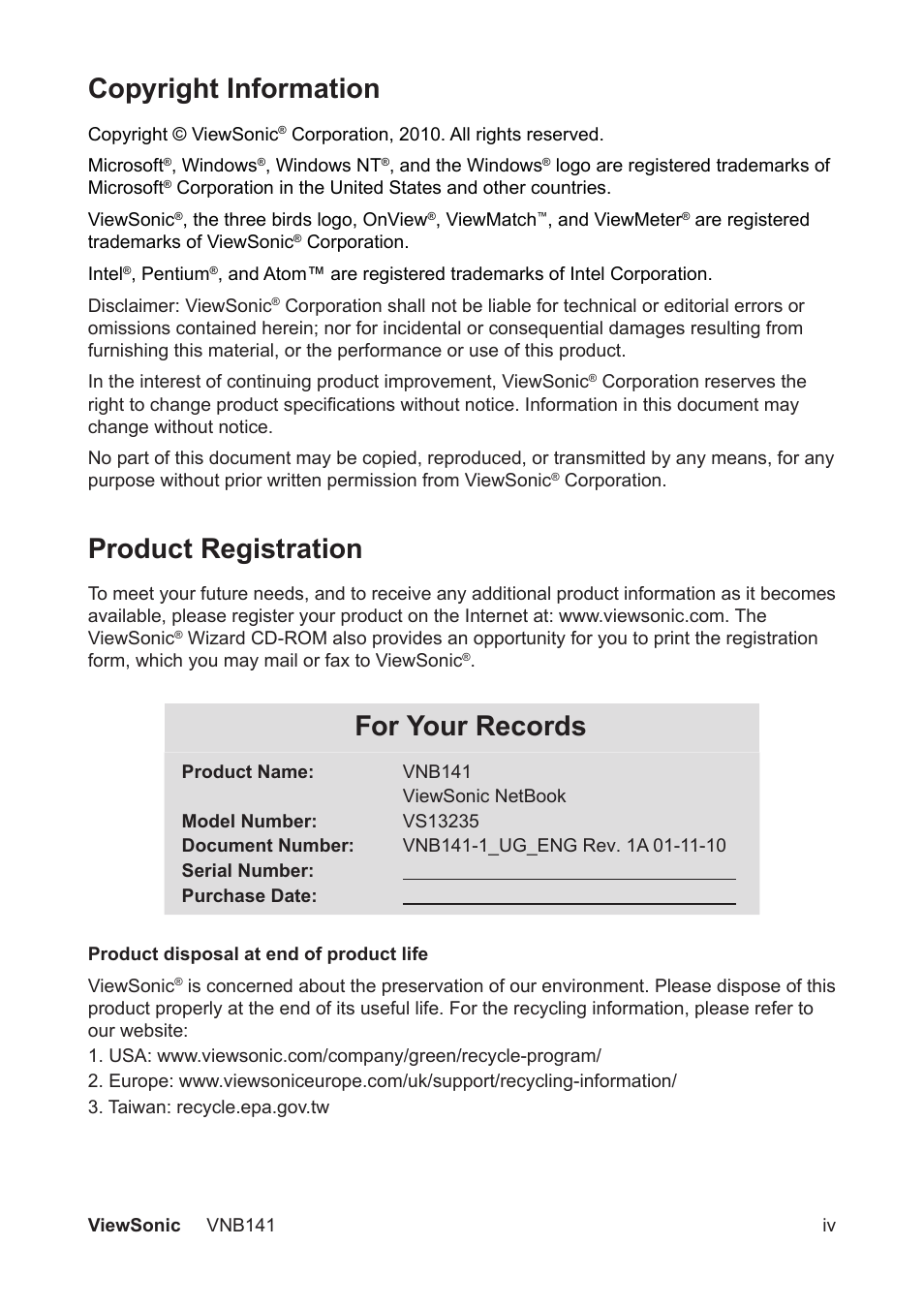 Copyright information, Product registration, For your records | VIEWSONIC VNB141 VS13235 User Manual | Page 5 / 41
