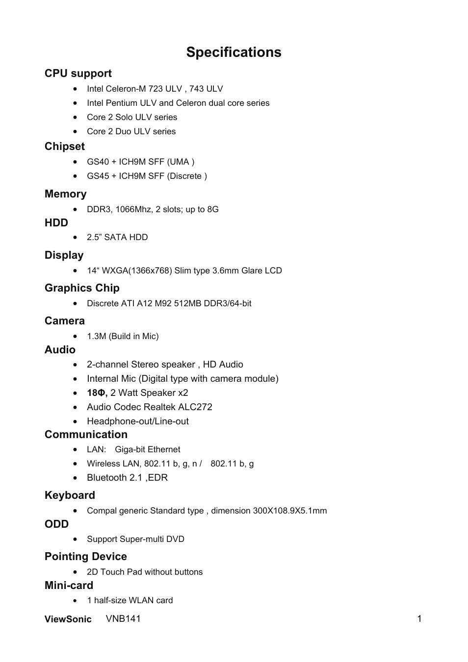 Specifications | VIEWSONIC VNB141 VS13235 User Manual | Page 8 / 41