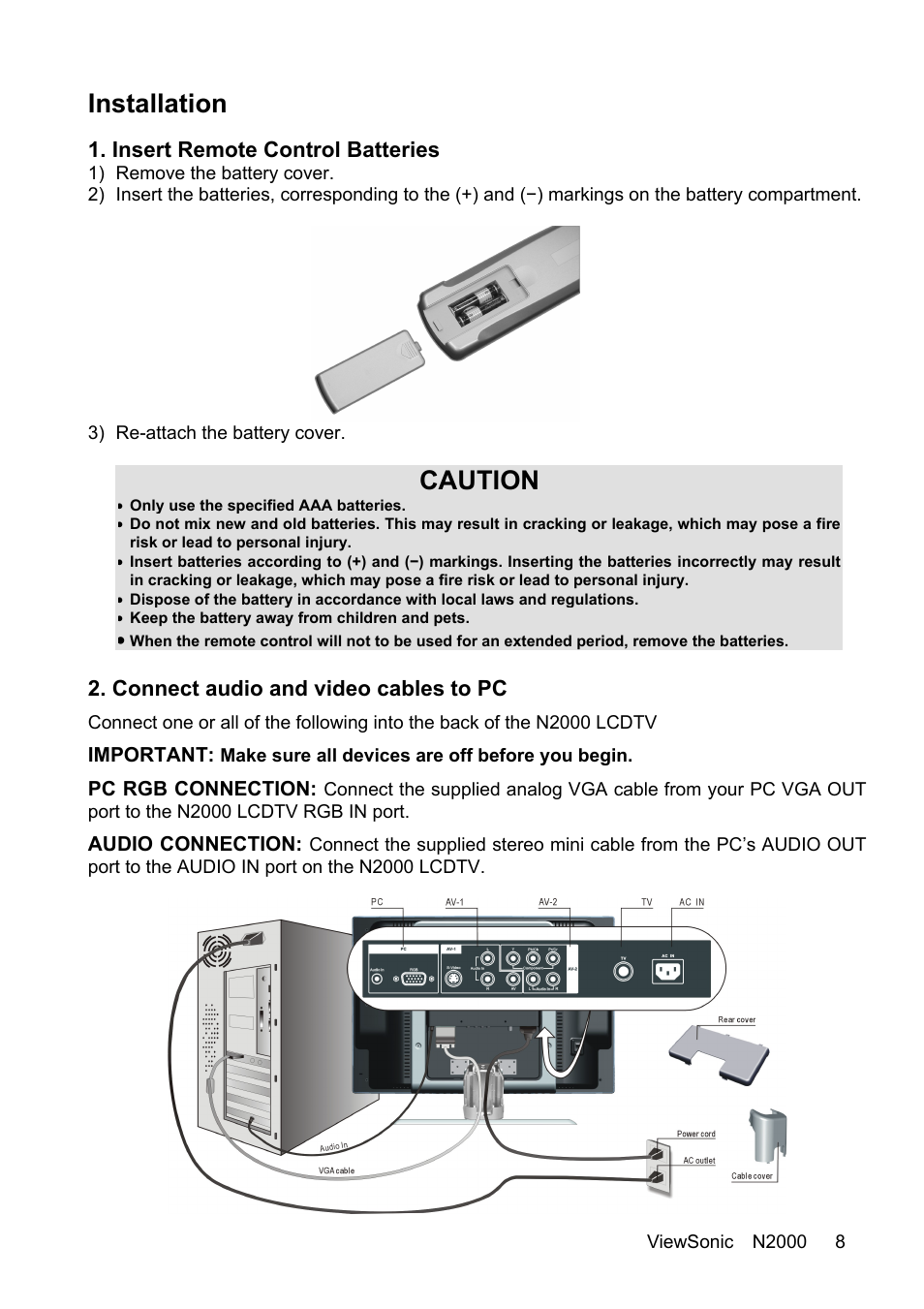 Installation, Caution, Insert remote control batteries | Connect audio and video cables to pc | VIEWSONIC N2000 User Manual | Page 10 / 28