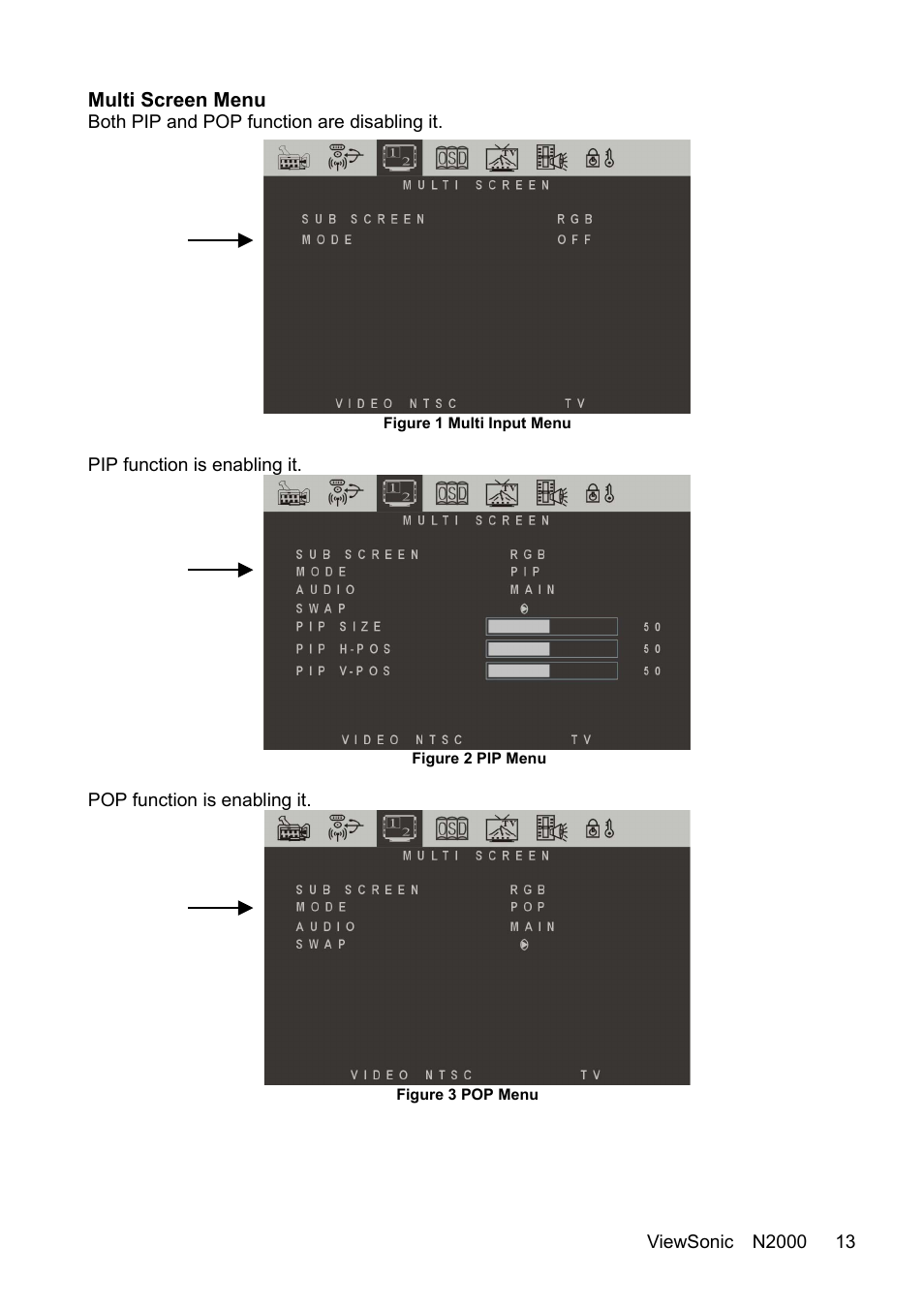 Multi screen menu, Both pip and pop function are disabling it, Pip function is enabling it | Pop function is enabling it | VIEWSONIC N2000 User Manual | Page 15 / 28