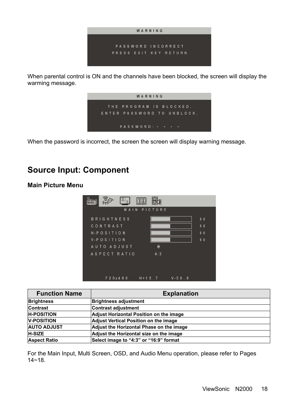Source input: component | VIEWSONIC N2000 User Manual | Page 20 / 28