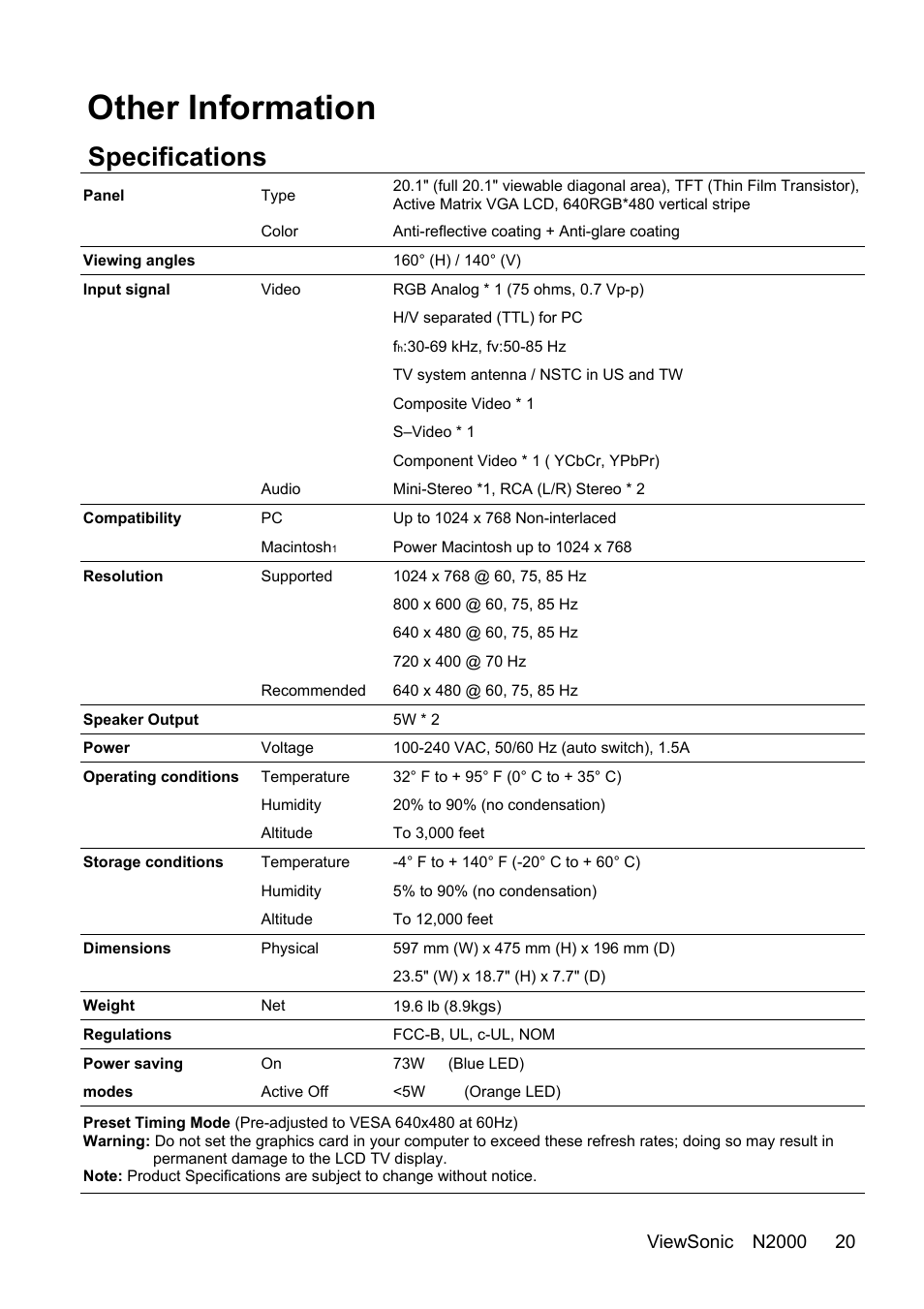 Other information, Specifications | VIEWSONIC N2000 User Manual | Page 22 / 28