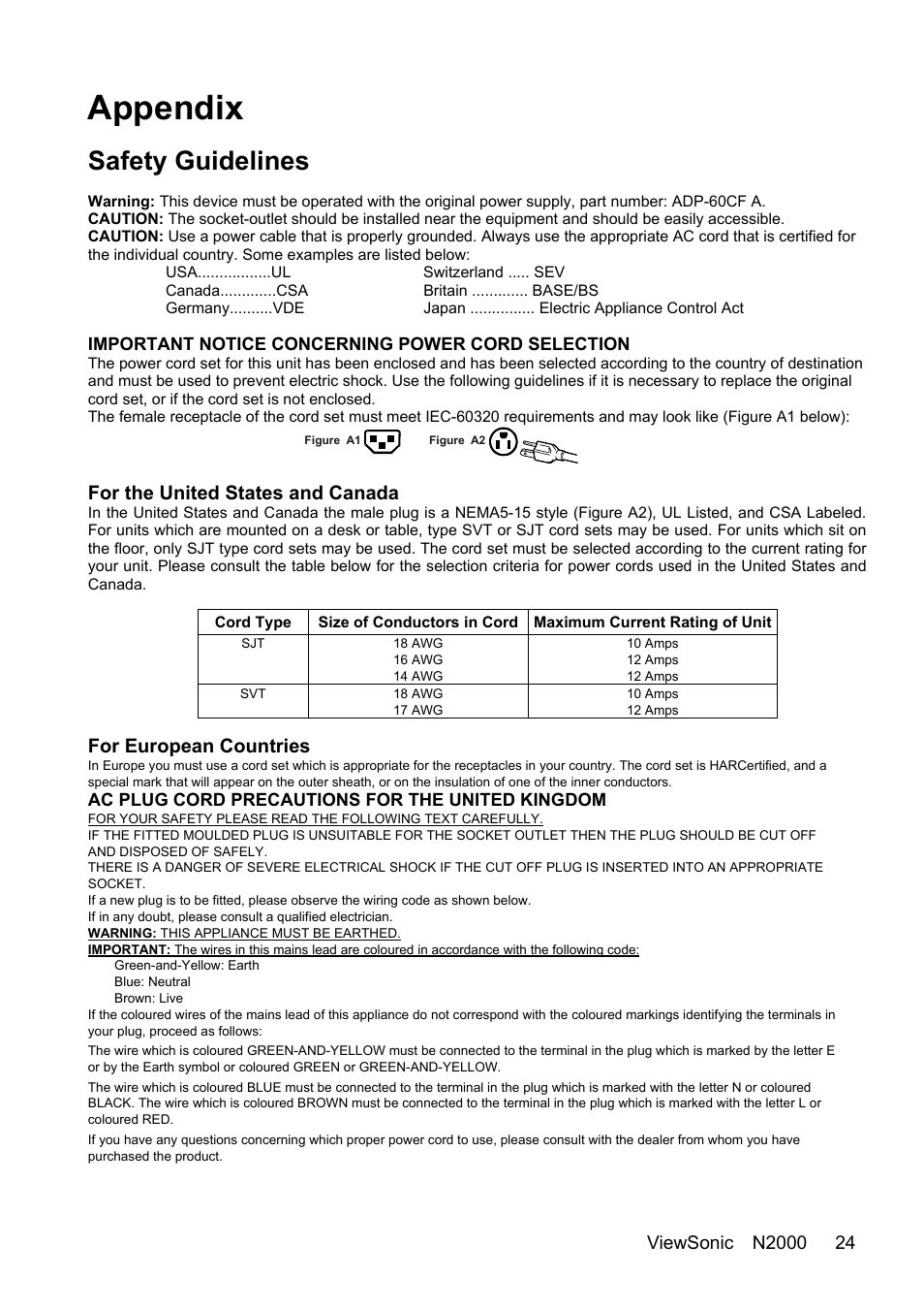 Appendix, Safety guidelines, For the united states and canada | For european countries | VIEWSONIC N2000 User Manual | Page 26 / 28