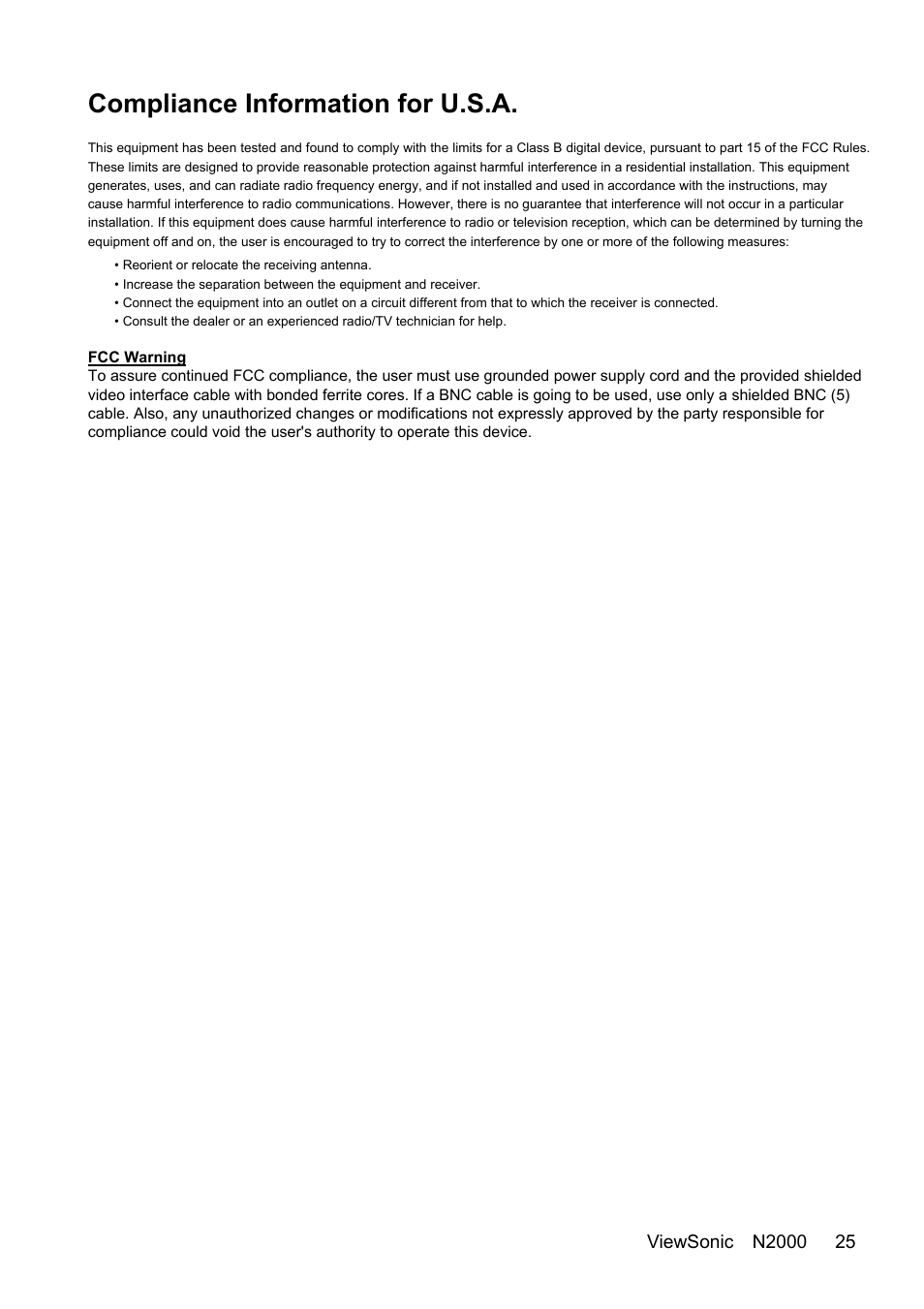 Compliance information for u.s.a | VIEWSONIC N2000 User Manual | Page 27 / 28
