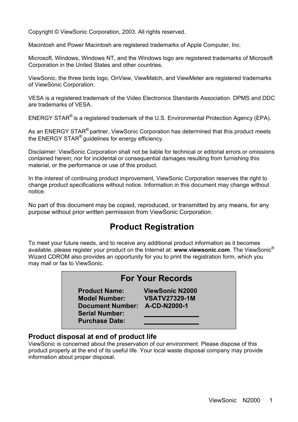 Product registration, For your records, Product disposal at end of product life | VIEWSONIC N2000 User Manual | Page 3 / 28