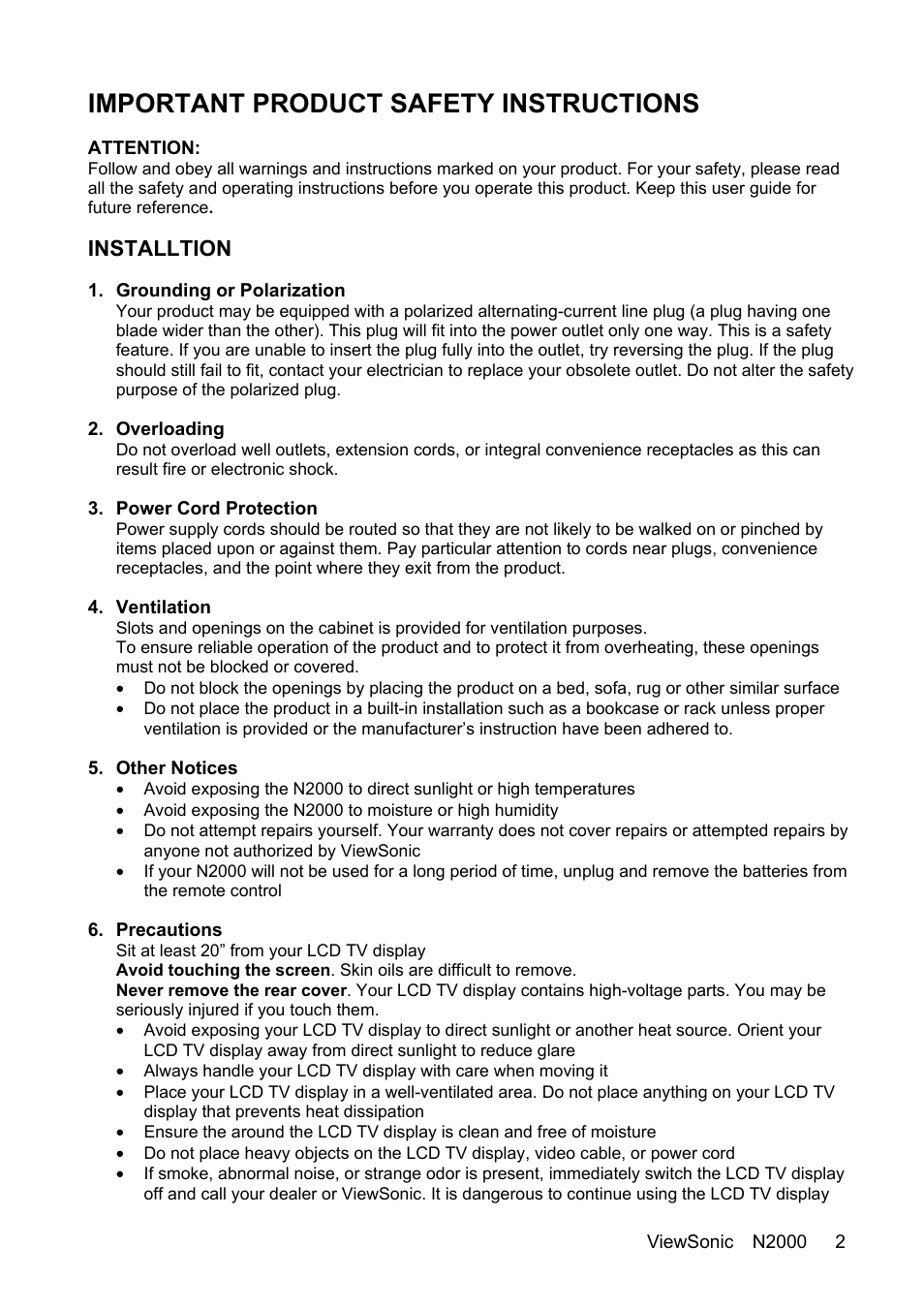 Important product safety instructions, Installtion | VIEWSONIC N2000 User Manual | Page 4 / 28