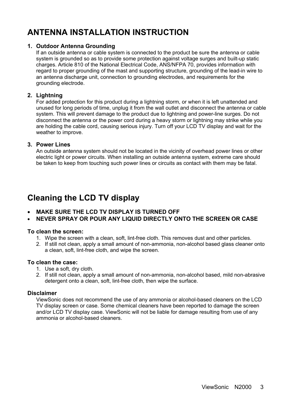 Antenna installation instruction, Cleaning the lcd tv display | VIEWSONIC N2000 User Manual | Page 5 / 28