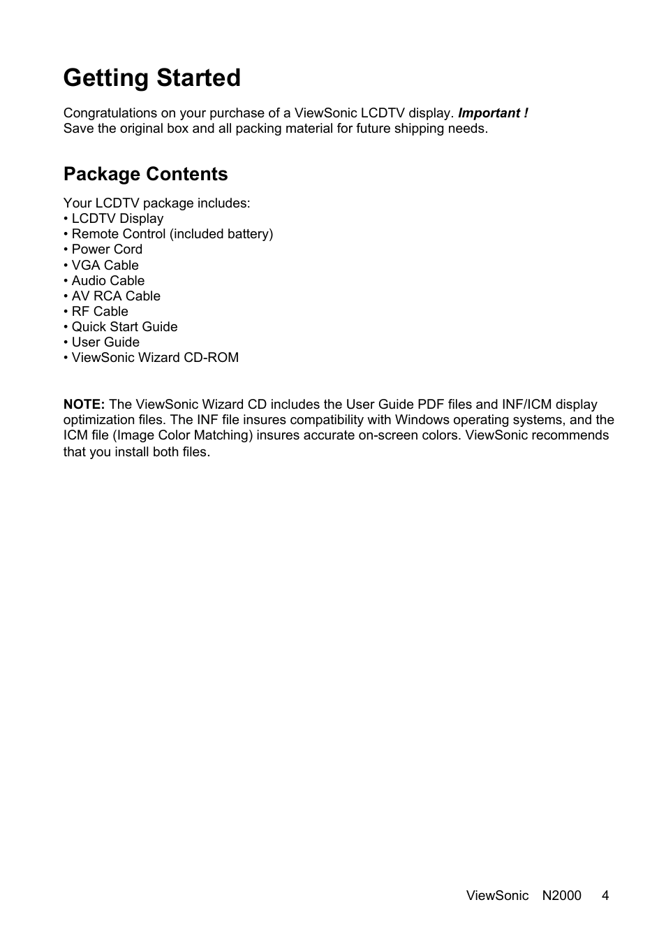 Getting started, Package contents | VIEWSONIC N2000 User Manual | Page 6 / 28