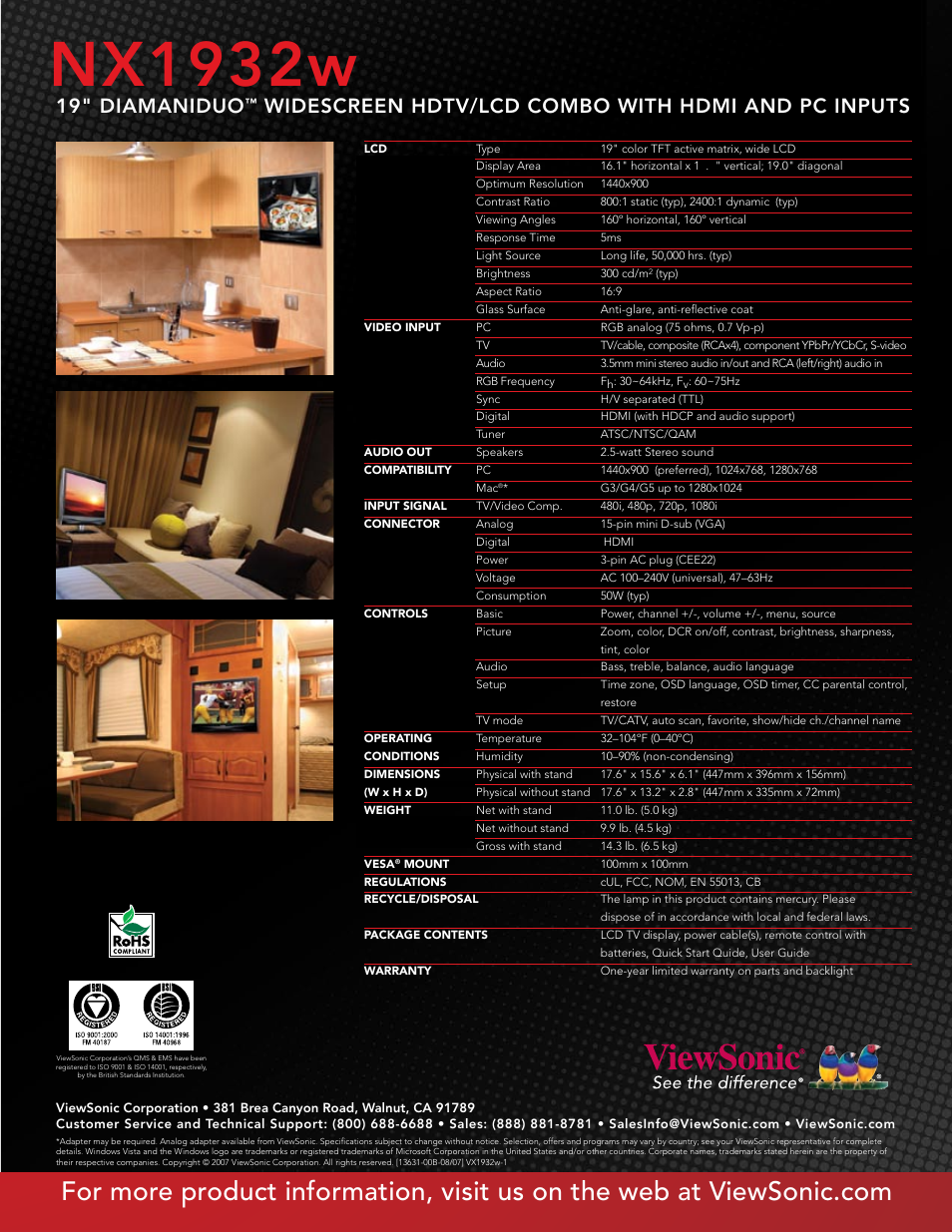 Nx1932w, 19" diamaniduo, Widescreen hdtv/lcd combo with hdmi and pc inputs | VIEWSONIC DiamaniDuo NX1932w User Manual | Page 2 / 2