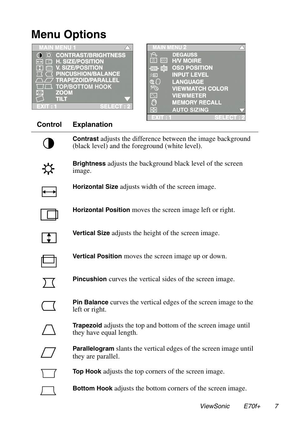 Menu options | VIEWSONIC E70f+ User Manual | Page 10 / 18