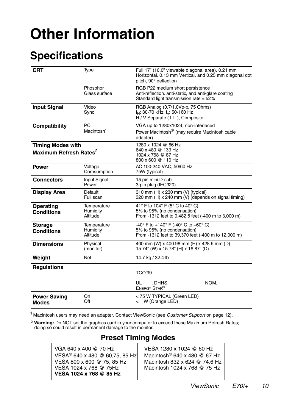 Other information, Specifications, Preset timing modes | Viewsonic e70f+ 10 | VIEWSONIC E70f+ User Manual | Page 13 / 18