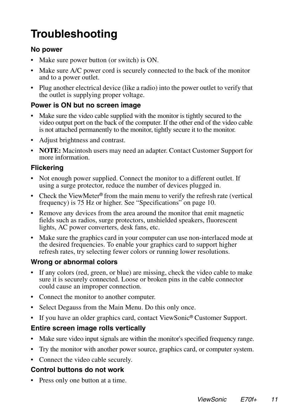 Troubleshooting | VIEWSONIC E70f+ User Manual | Page 14 / 18