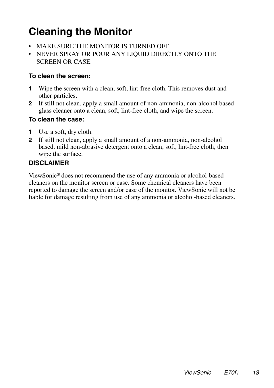 Cleaning the monitor | VIEWSONIC E70f+ User Manual | Page 16 / 18