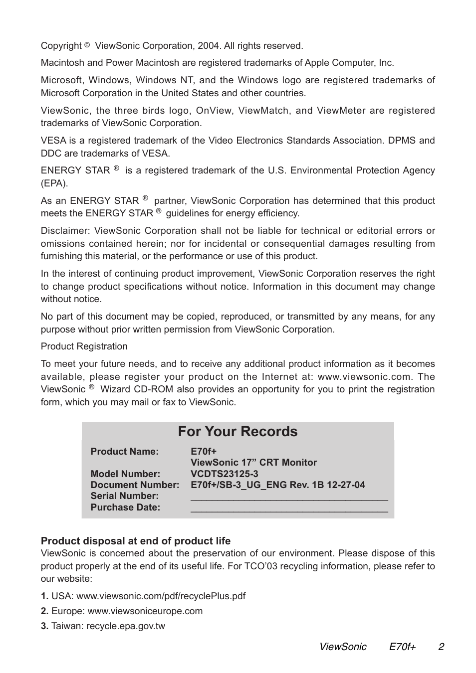 For your records | VIEWSONIC E70f+ User Manual | Page 5 / 18