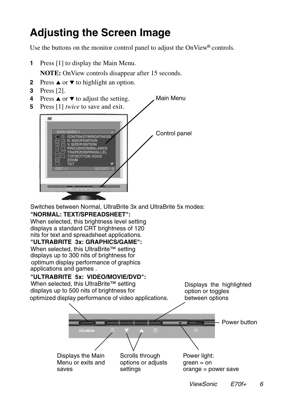 Adjusting the screen image | VIEWSONIC E70f+ User Manual | Page 9 / 18