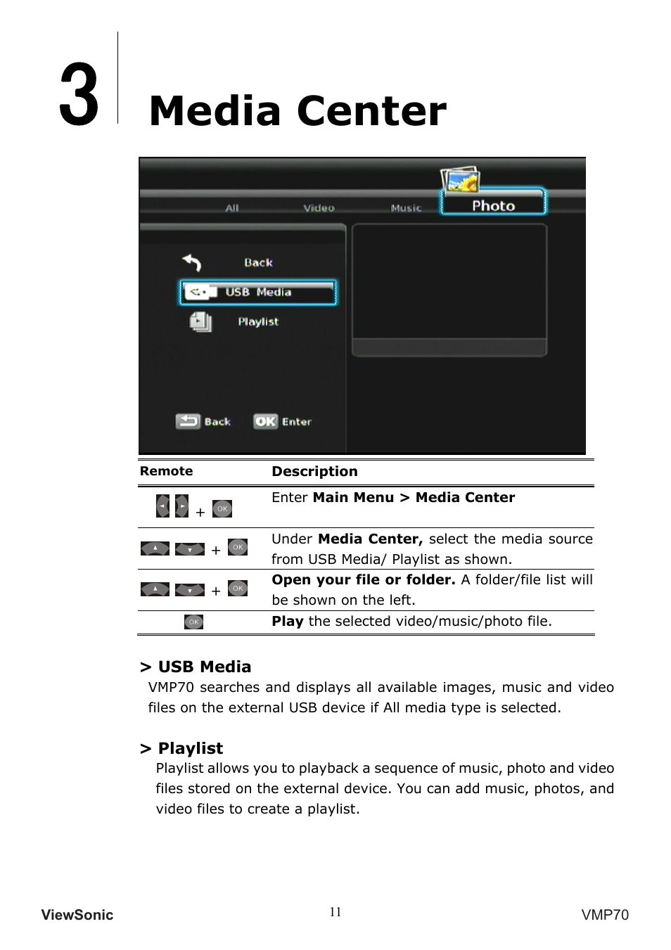 Media center | VIEWSONIC VMP70 User Manual | Page 15 / 28