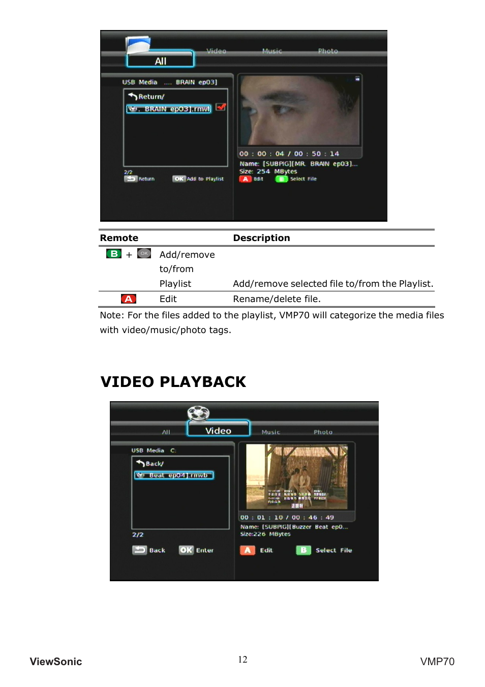 Video playback | VIEWSONIC VMP70 User Manual | Page 16 / 28