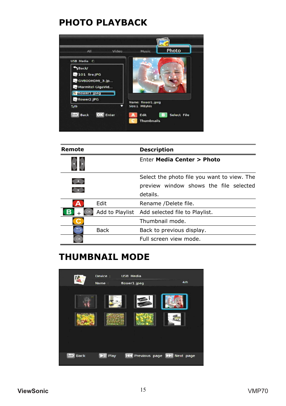 Photo playback, Thumbnail mode | VIEWSONIC VMP70 User Manual | Page 19 / 28