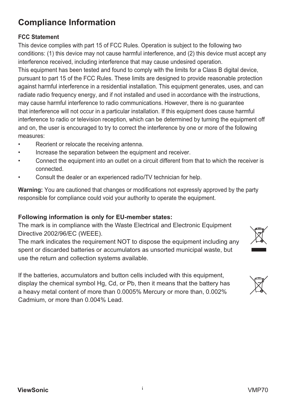 Compliance information | VIEWSONIC VMP70 User Manual | Page 2 / 28