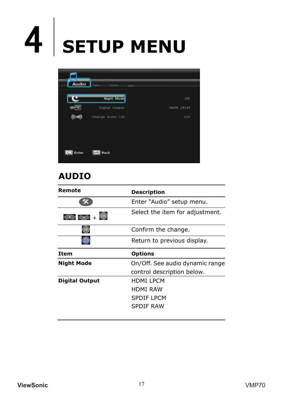 Setup menu, Audio | VIEWSONIC VMP70 User Manual | Page 21 / 28