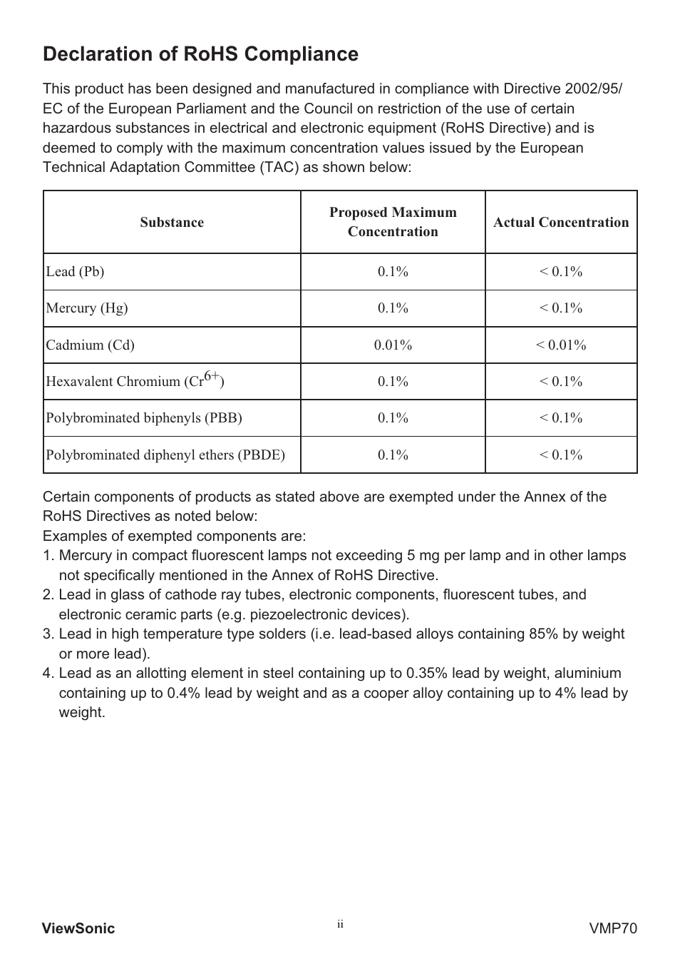 Declaration of rohs compliance | VIEWSONIC VMP70 User Manual | Page 3 / 28
