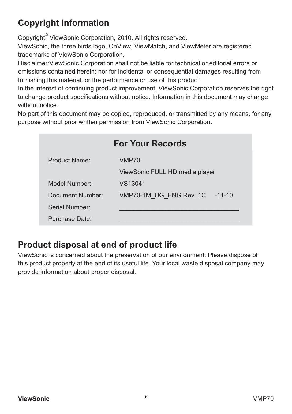 Copyright information, For your records, Product disposal at end of product life | VIEWSONIC VMP70 User Manual | Page 4 / 28