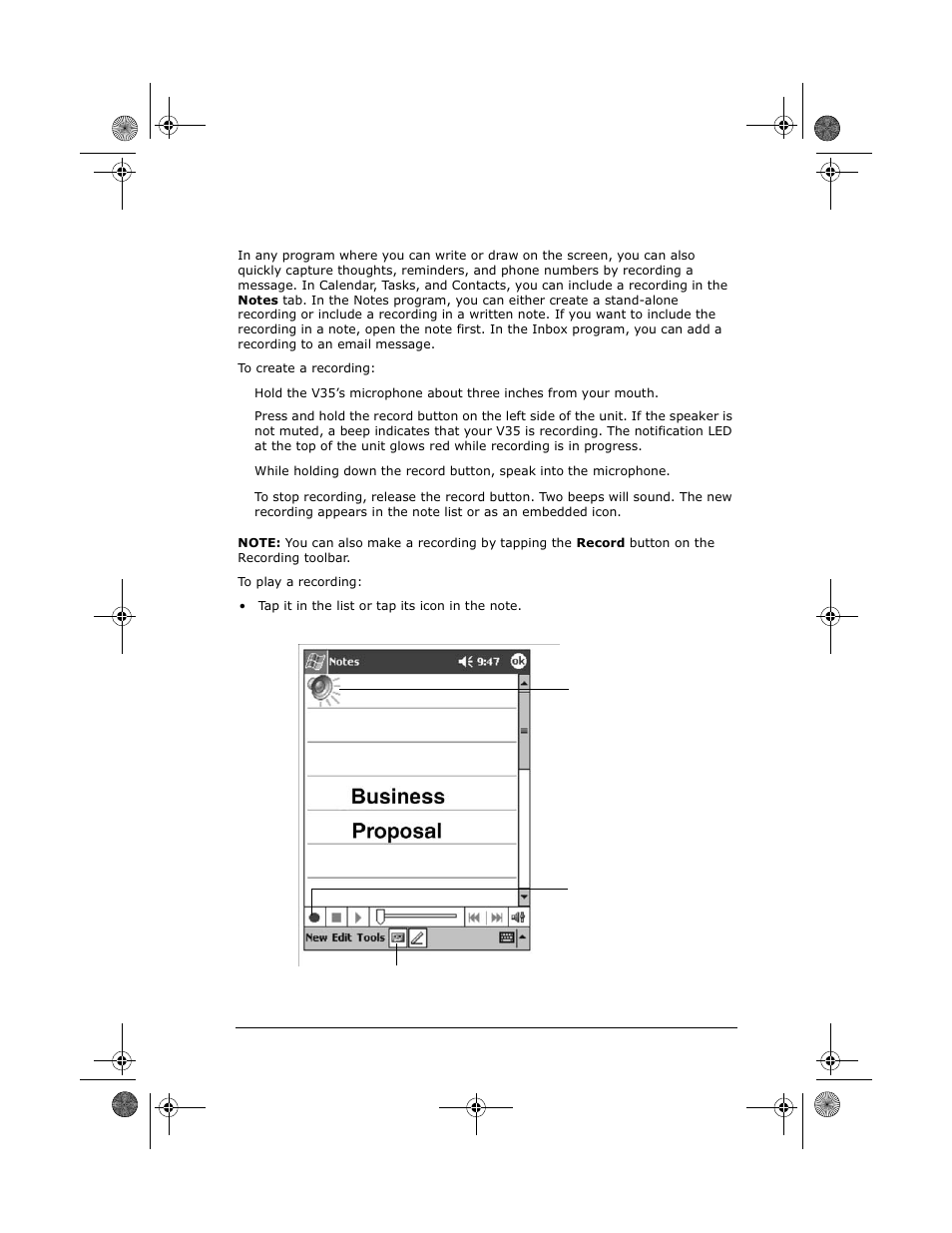 Recording a message | VIEWSONIC PC V35 User Manual | Page 35 / 92